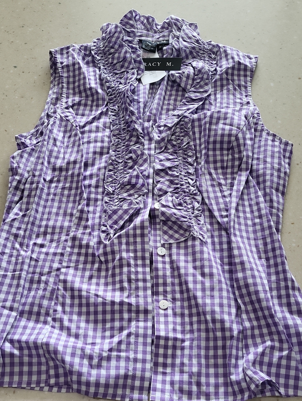 Tracy M. Purple and White Gingham Ruffle Sleeveless Blouse